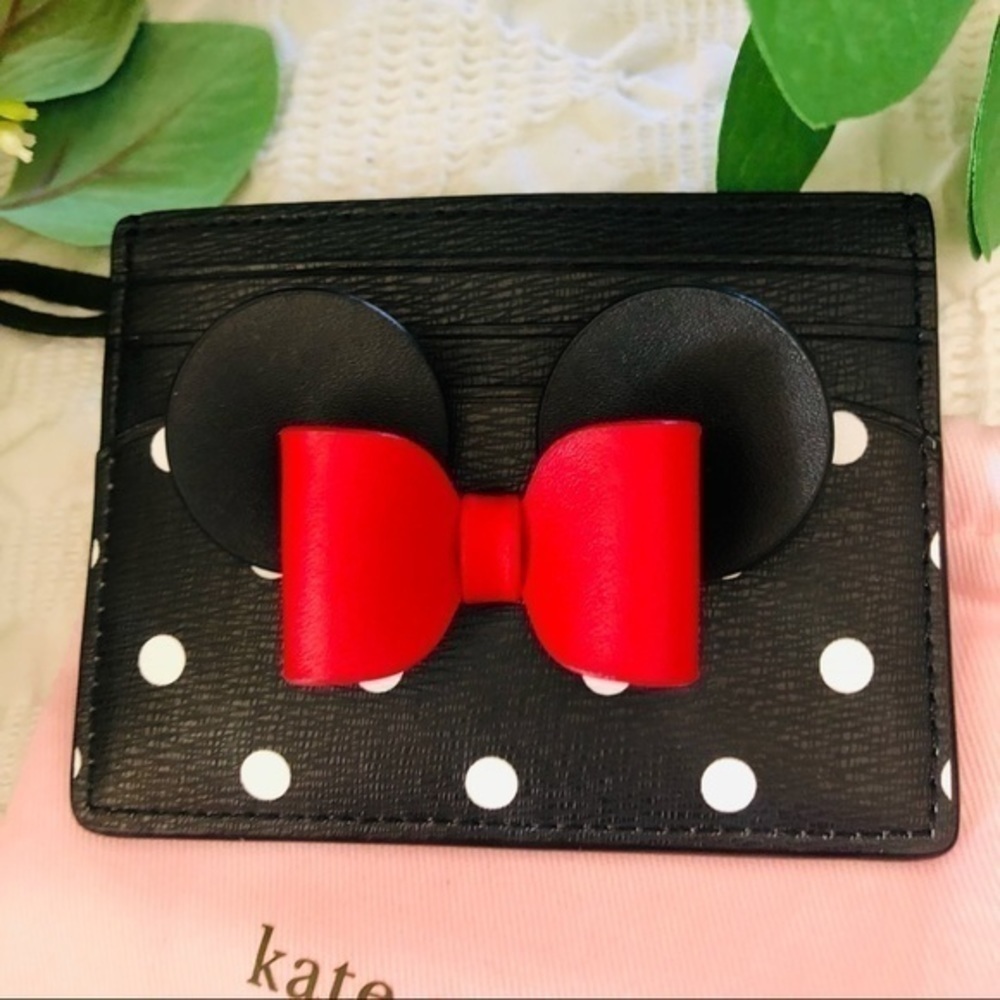Kate Spade x Disney Minnie Mouse Polka Dot Cardholder Black Red Bow NWT - Picture 2 of 4